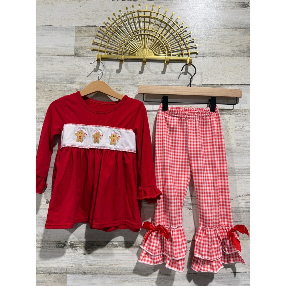 Boutique Gingerbread Smocked Outfit Girls 3 Red Gingham Ruffle Holiday EUC